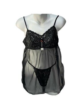 Black Espiral Sheer Lace Babydoll Lingerie Set With Thong Size M